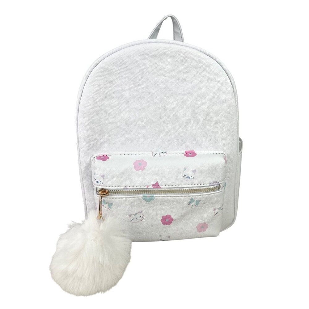 Under One Sky Decorative White Backpack Cute Cat & Flower Print Pom Pom Accent